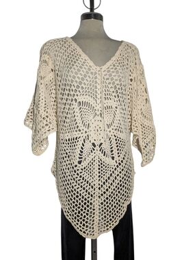 Open-Knit V-Neck Crochet Sweater Tunic in Cream Size XL